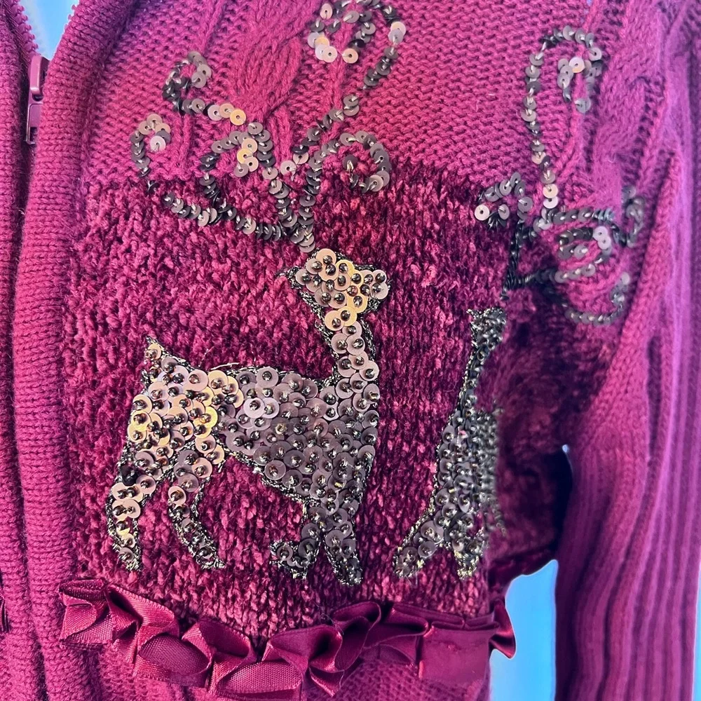 Vintage Storybook Knits Burgundy Sweater Sequin Deer Ribbon Zip up Sz Small - Picture 3 of 13